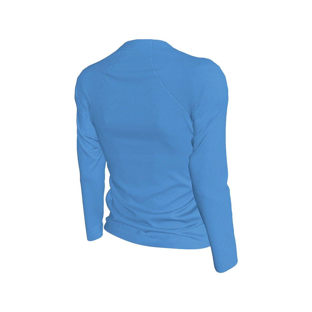 Blue long-sleeve top on a white background