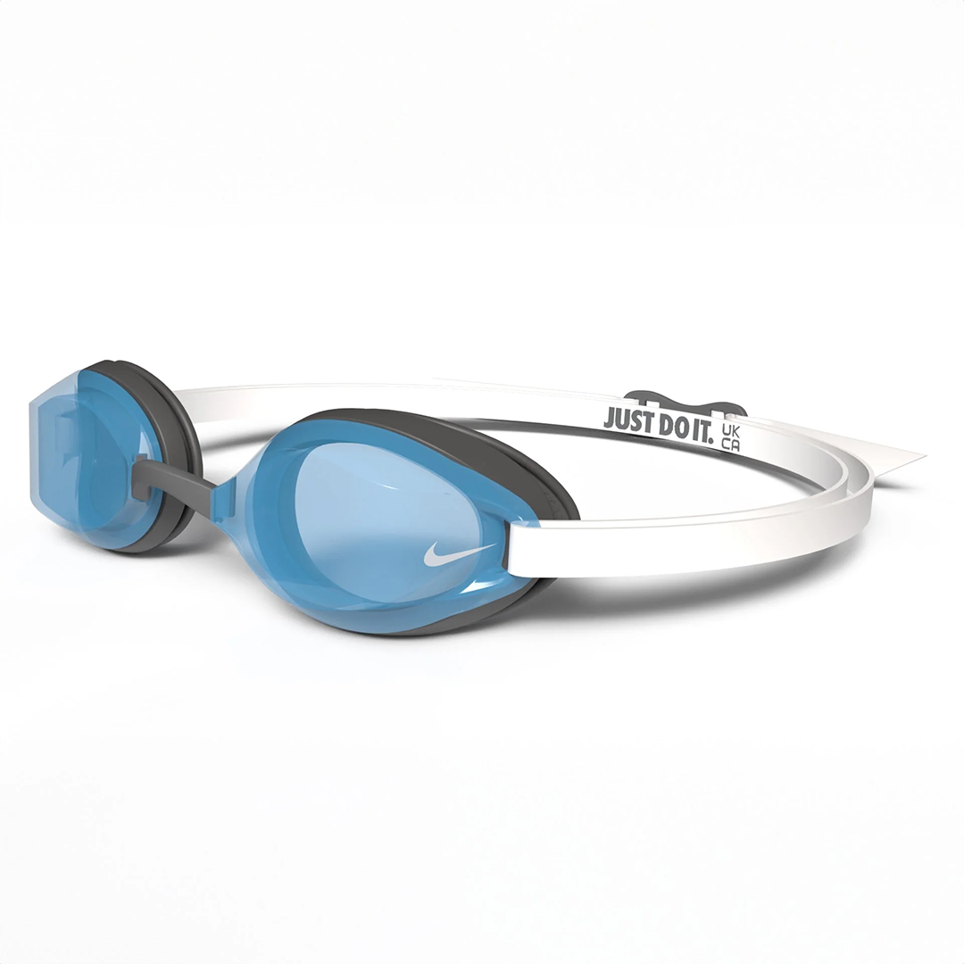 Swimming goggles with blue lenses and white frame on a white background